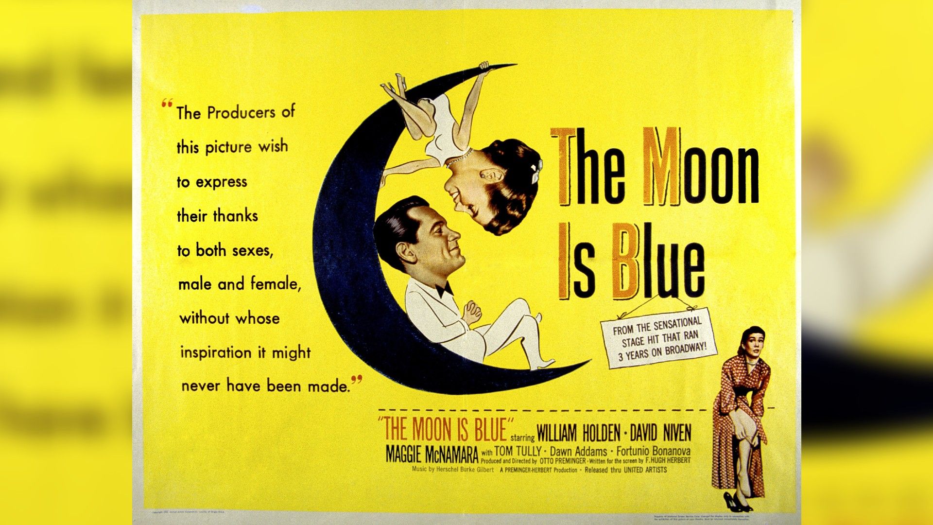 a vintage advertisement for a theater production showing a man and a woman sitting on a crescent moon under the title 'the moon is blue'