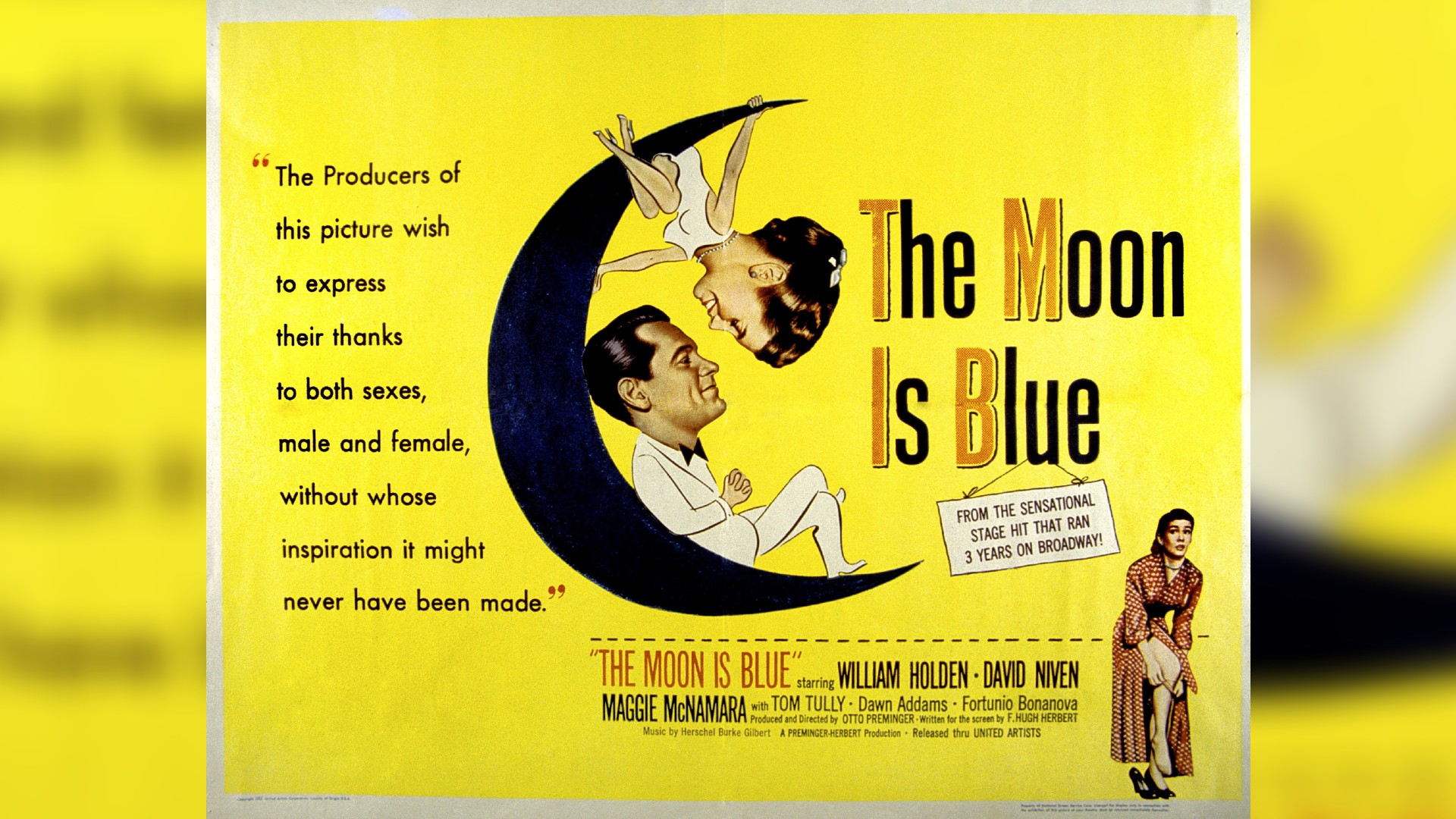 a vintage advertisement for a theater production showing a man and a woman sitting on a crescent moon under the title 'the moon is blue'