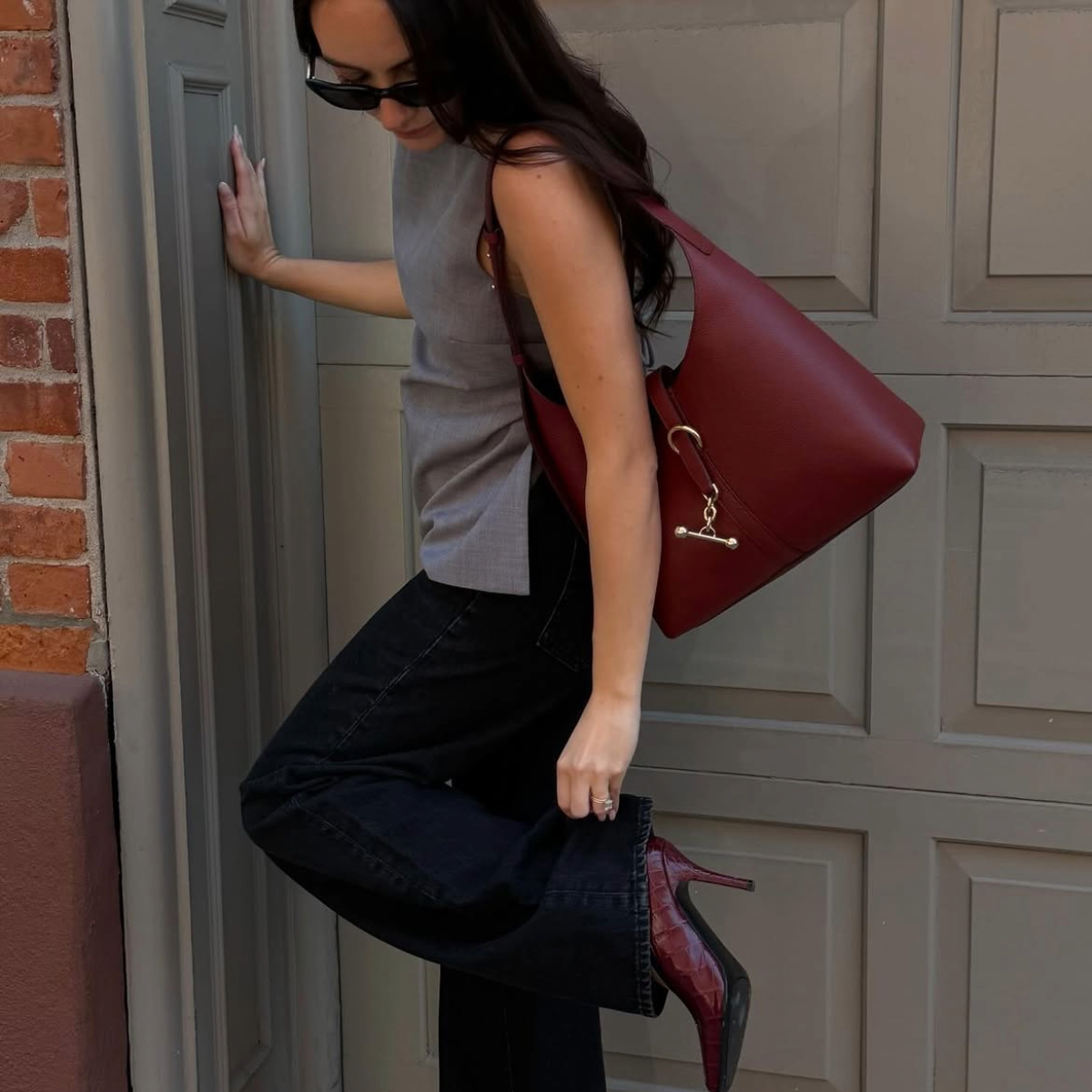 Liv Perez in burgundy
