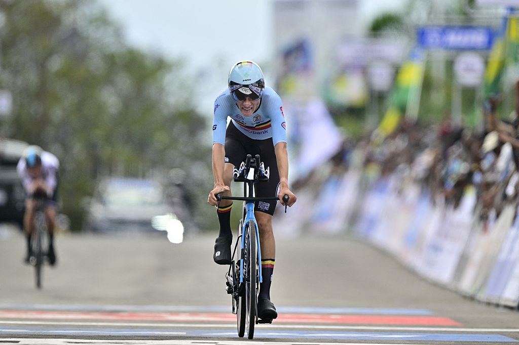Belgian Seff van Kerckhove finishes third at the Men Junior Individual Time Trial at the 2025 UCI Road World Championships (Photo by DIRK WAEM/BELGA MAG/AFP via Getty Images)