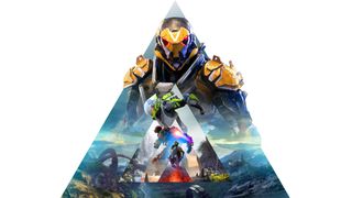 Triangular key art for Anthem showing several Javelin suits.