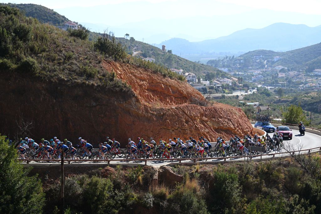 CANALS SPAIN FEBRUARY 01 A general view of the peloton competing during the to the 75th Volta a la Comunitat Valenciana 2024 Stage 2 a 1627km stage from Canals to Mancom de la Valldigna on February 01 2024 in Canals Spain Photo by Dario BelingheriGetty Images