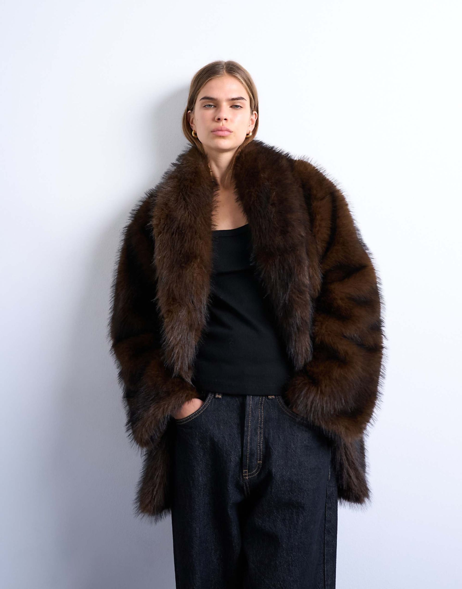 Topshop Faux Fur Shawl Mid Length Coat in Chocolate