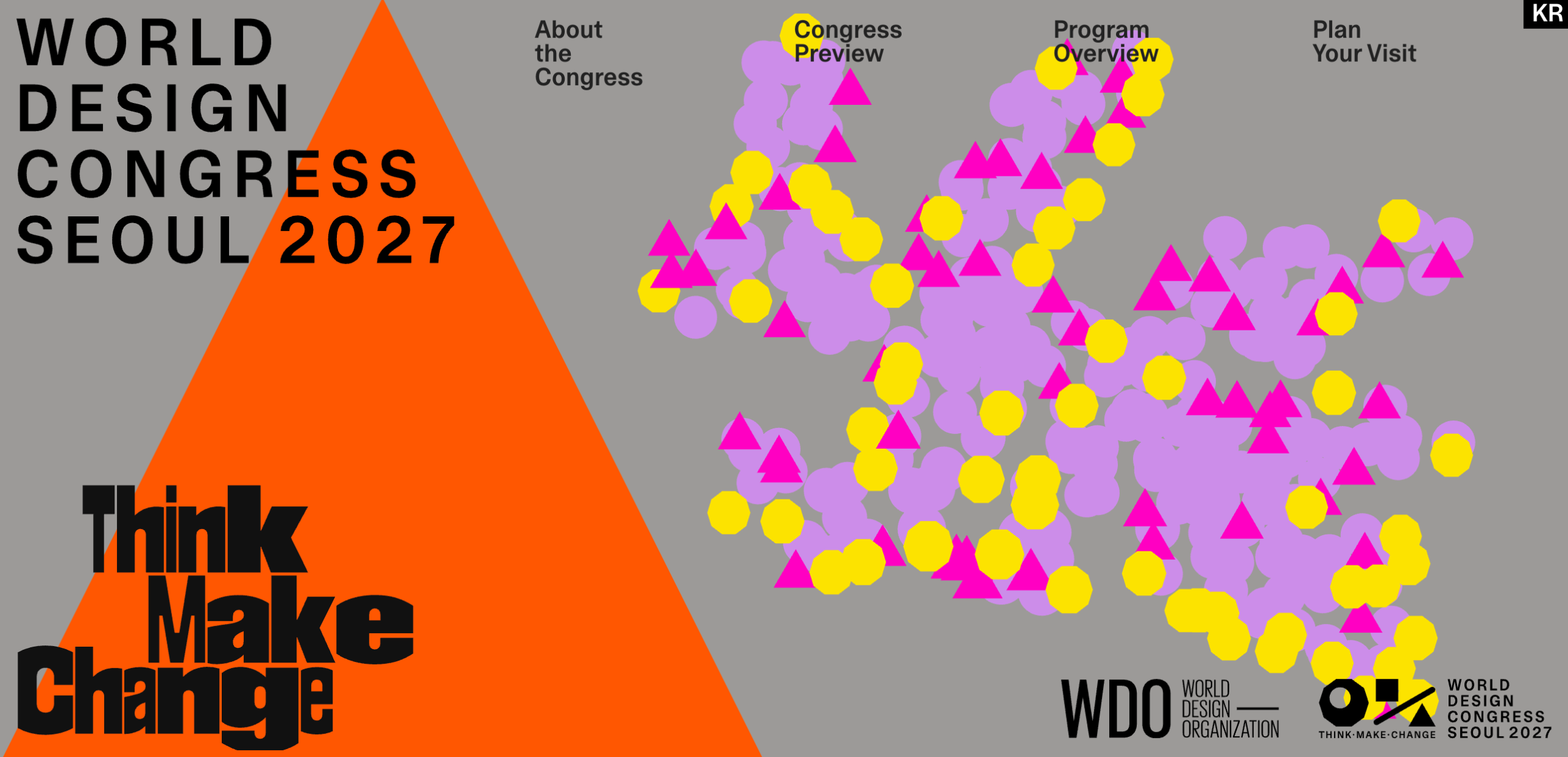 A mustard-yellow congress homepage in grey and orange tones, with lilac circles, magenta triangles and yellow hexagons clustered across the right-hand side.