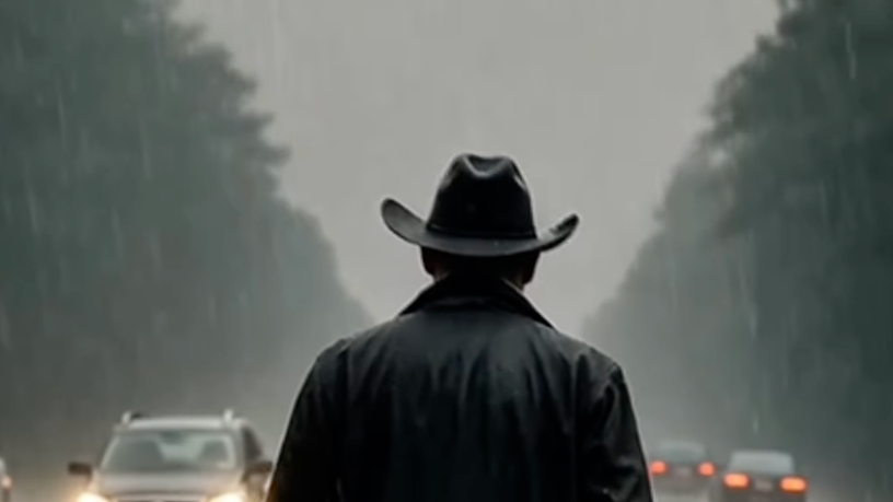Break In Rust image - back of a man in a cowboy hat, in the rain