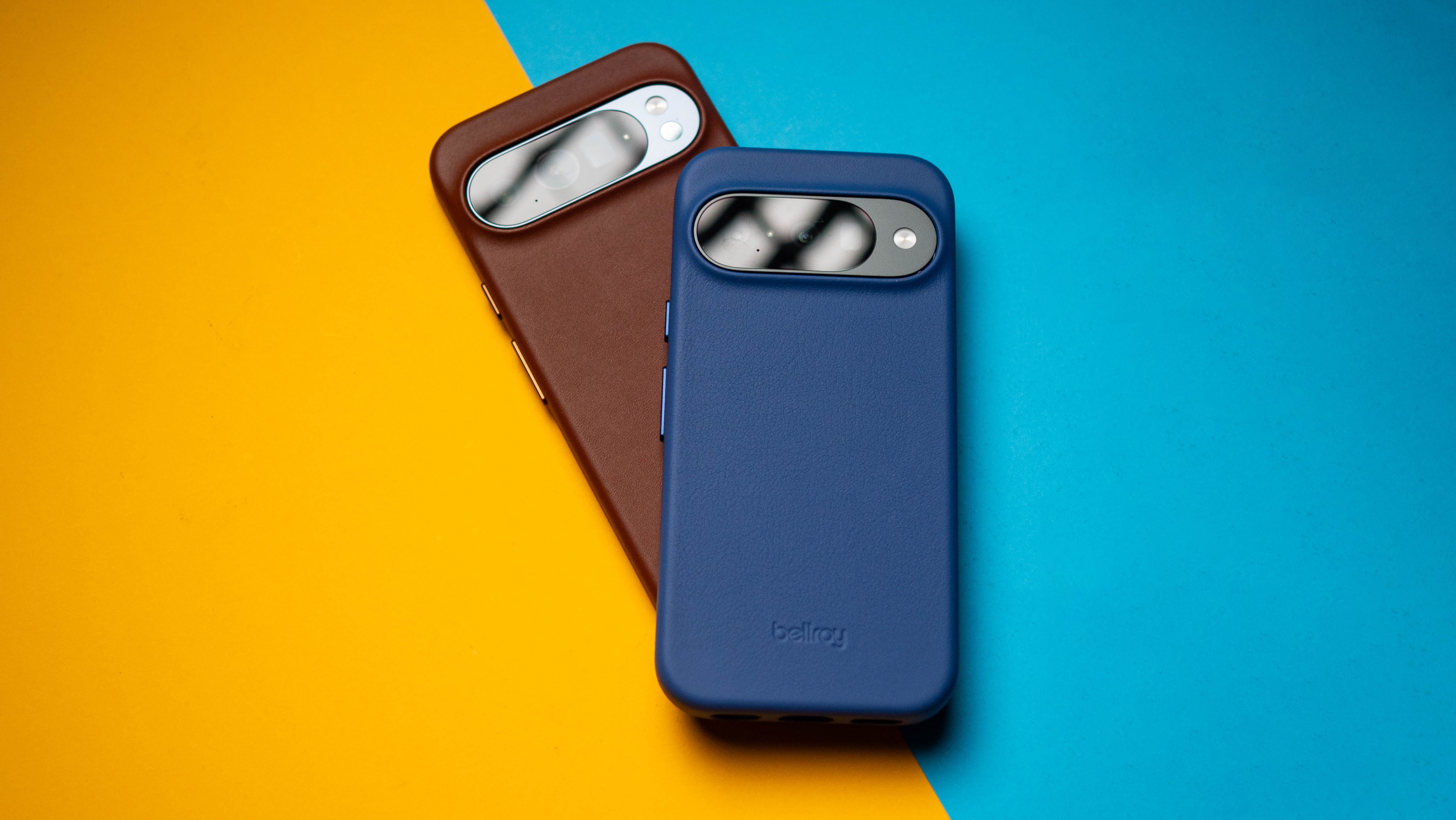 Bellroy Pixel 10 Leather Case against colorful backgrounds on Android Central