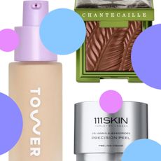 A collage of various beauty products with large polka dots scattered over them.