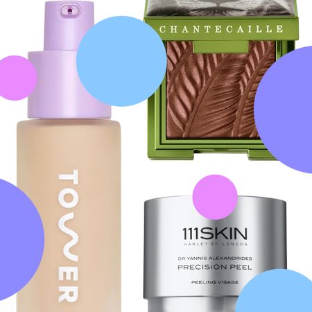 A collage of various beauty products with large polka dots scattered over them.