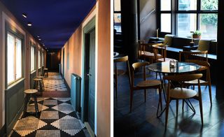 Two side-by-side interior photos of Hotel Danmark, Copenhagen, Denmark. The first photo is of a hallway featuring a blue ceiling, spotlights, brown walls, patterned flooring, doors and stools by the windows. And the second photo is of a seating area with windows, round marble top tables and wooden chairs