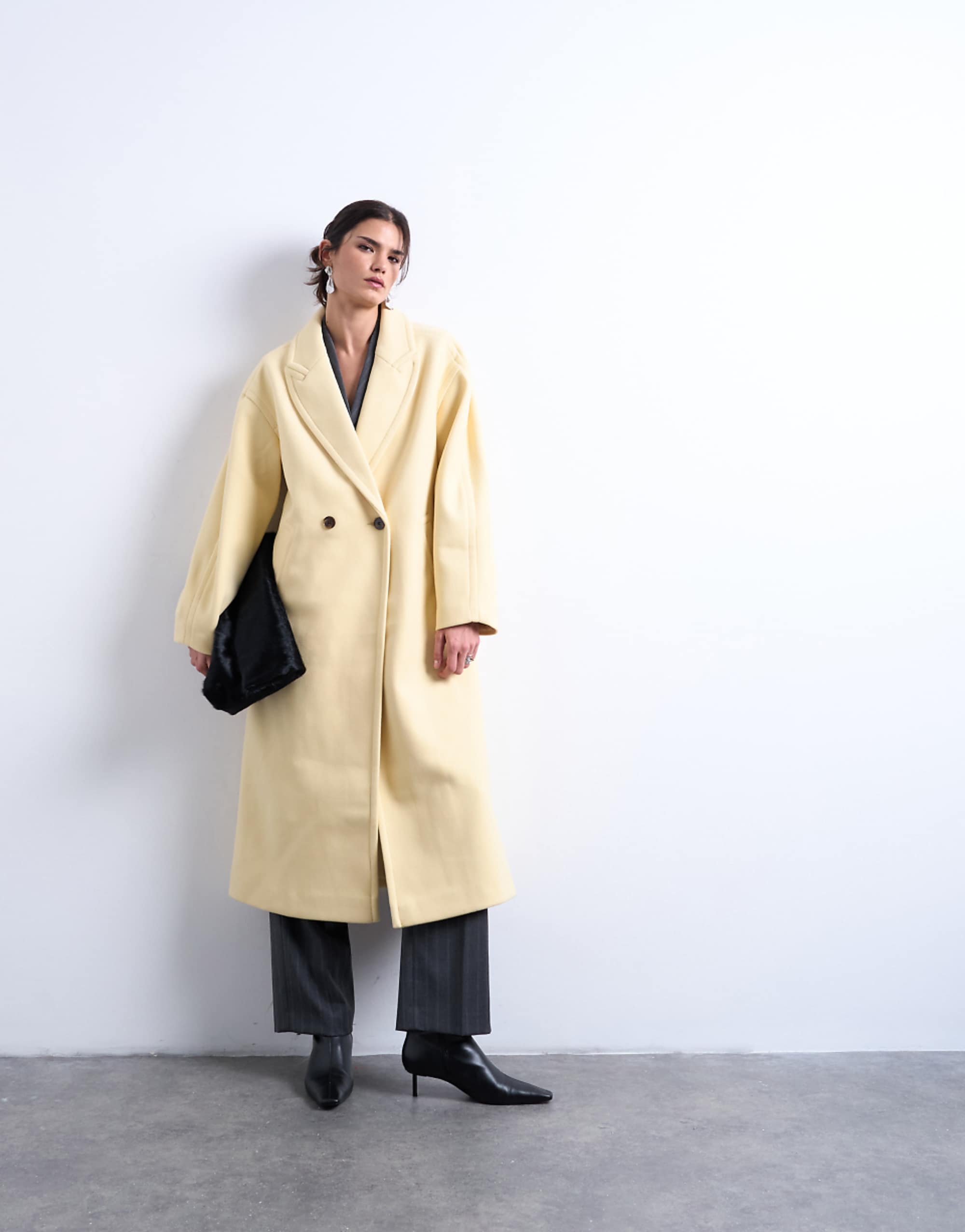 Topshop Ovoid Sleeves Double Breasted Longline Formal Coat in Buttermilk