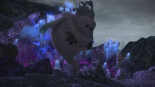 A cute critter in a mountain range dungeon featured in Final Fantasy 14: Dawntrail floats, surrounded by magic crystals.