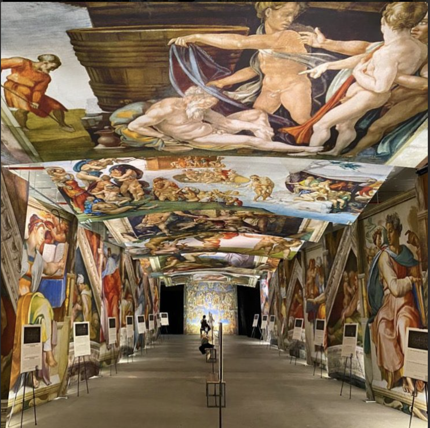 an image showing a large room with works from the Michelangelo across the walls and ceiling