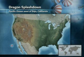 This NASA graphic shows the expected splashdown location for SpaceX's Dragon space capsule in the Pacific Ocean several hundred miles off the coast of Baja California.