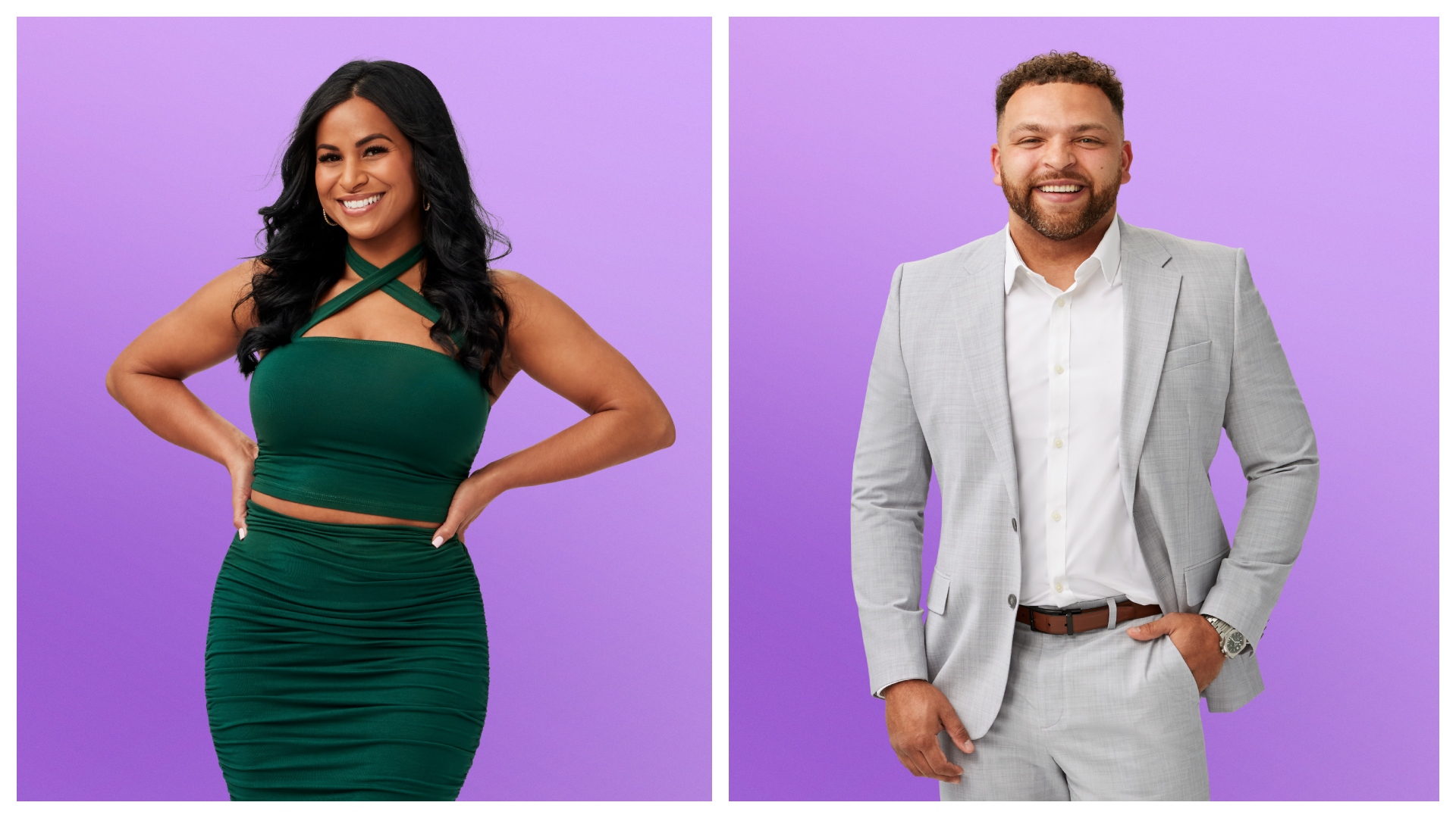 a split image of love is blind season 10 stars brittany wicker in a green matching set smiling and devonta anderson in a grey suit smiling