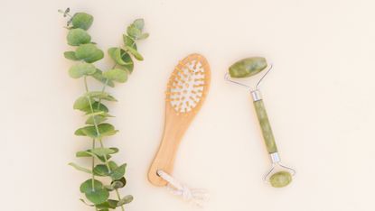 crystals for skin - jade roller, brush and eucalyptus