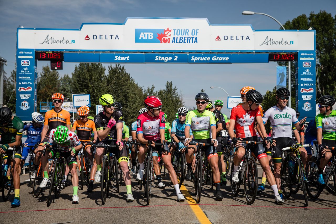 Riders wait for the start of stage 2 at the Tour of Alberta