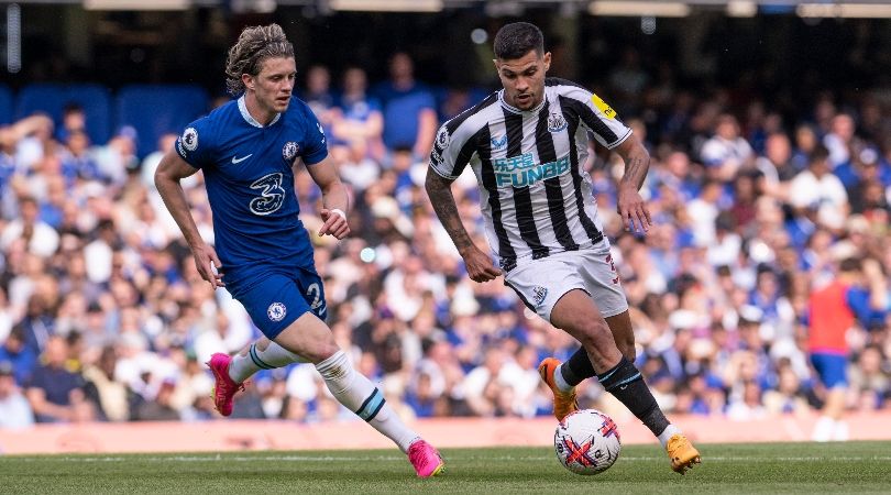 Chelsea&#039;s Conor Gallagher challenges Newcastle&#039;s Bruno Guimaraes in a Premier League game in May 2023.