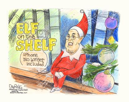 Political Cartoon U.S. Giuliani Elf Shelf No Phone
