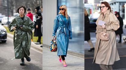 Rainy day outfit ideas: three women in wet weather friendly looks