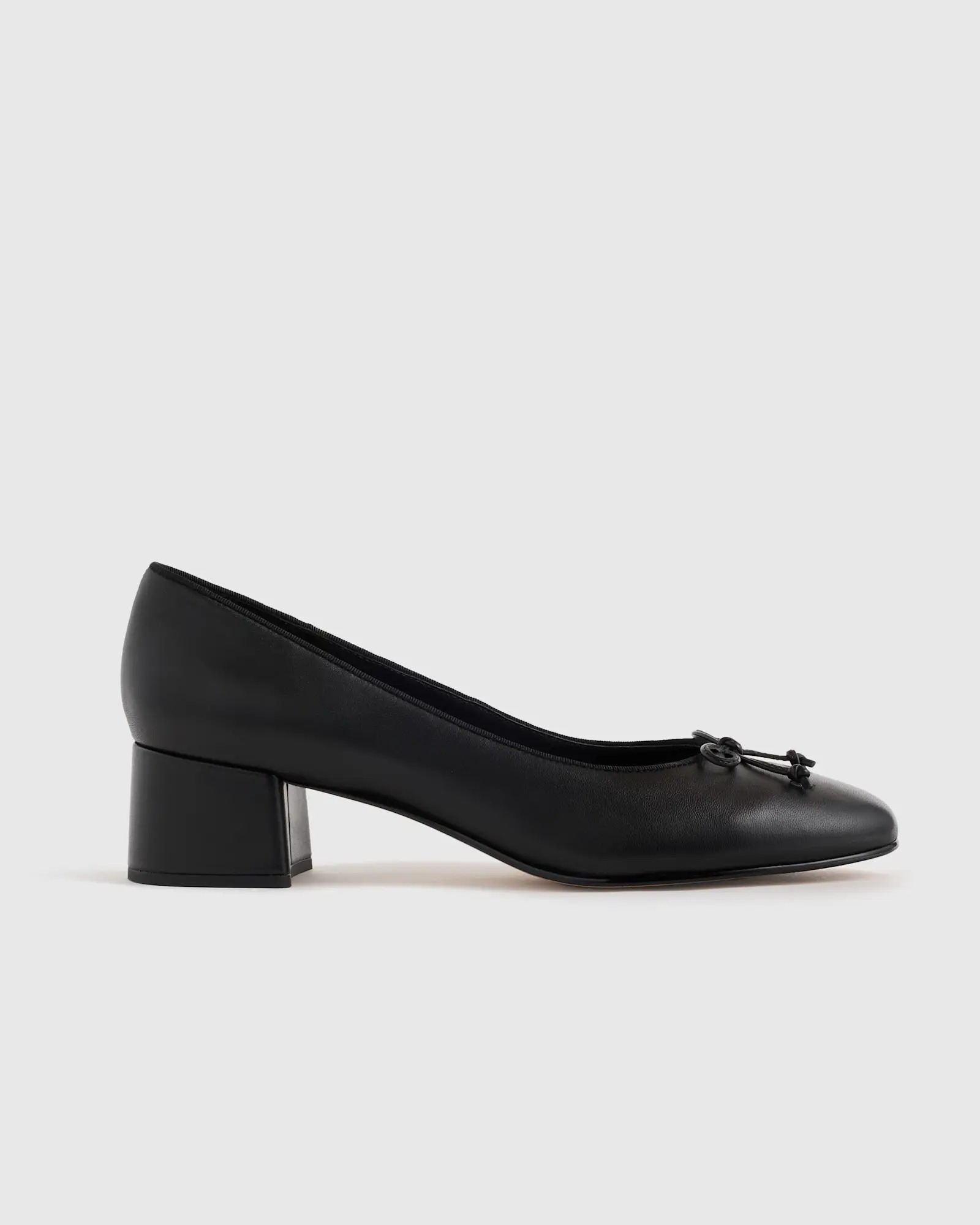 Italian Leather Ballet Block Heel Pump in Black