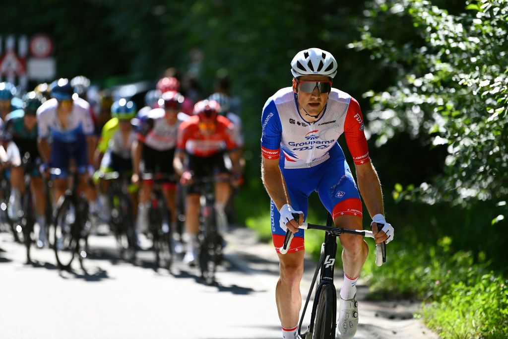 KUSNACHT SWITZERLAND JUNE 12 Stefan Kng of Switzerland and Team Groupama FDJ competes during the 85th Tour de Suisse 2022 Stage 1 a 1776km stage from Kusnacht to Kusnacht 679m ourdesuisse2022 WorldTour on June 12 2022 in Kusnacht Switzerland Photo by Tim de WaeleGetty Images