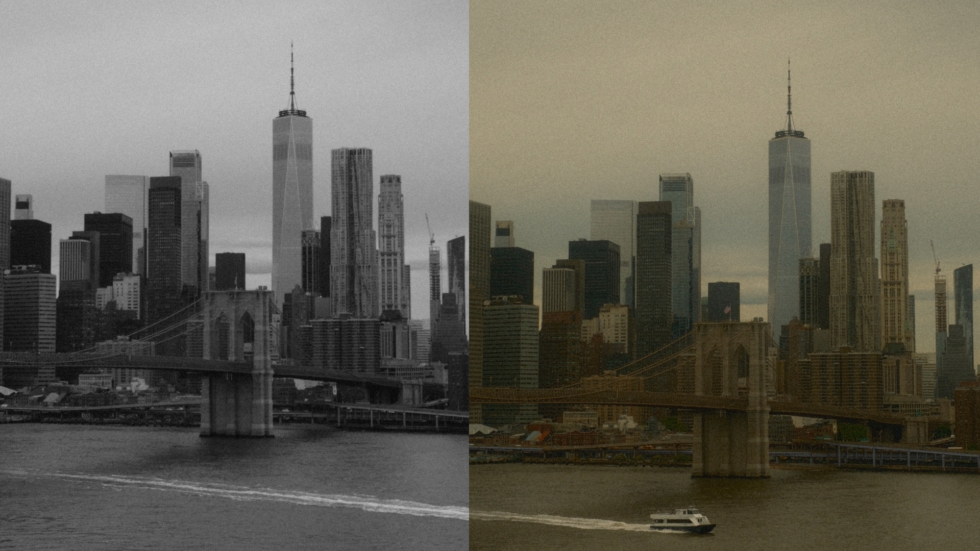 Plans côte à côte du paysage new-yorkais.  À gauche en monochrome et à droite en couleurs sombres