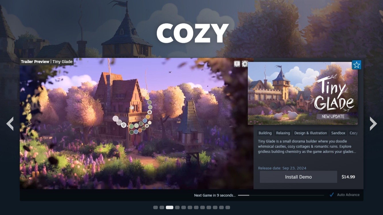 Steam's &amp;quot;cozy&amp;quot; tag page featuring the game Tiny Glade