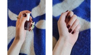 A close-up of Beauty Writer, Naomi's hands with essie's Bordeaux nail polish on her fingernails - which are short and squoval shaped - and Manucurist's Cuticle oil in the background