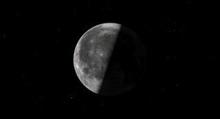 The quarter moon tilts like an upturned bowl to the right, its dark surface painted in a dark grey sea that covers nearly all the surface, but is shored by bright sections of lunar surface on all sides, save the shaded area. Stars are scattered about in black space.