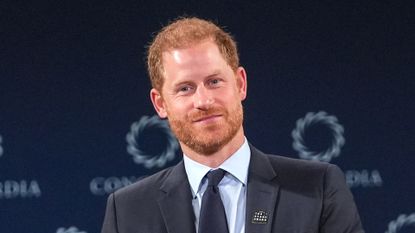 Prince Harry smiles while wearing a suit and tie onstage during an appearance at the Concordia Summit in New York on Monday, September 23, 2024