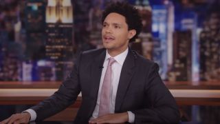 Trevor Noah addressing the audience during his farewell announcement on The Daily Show.