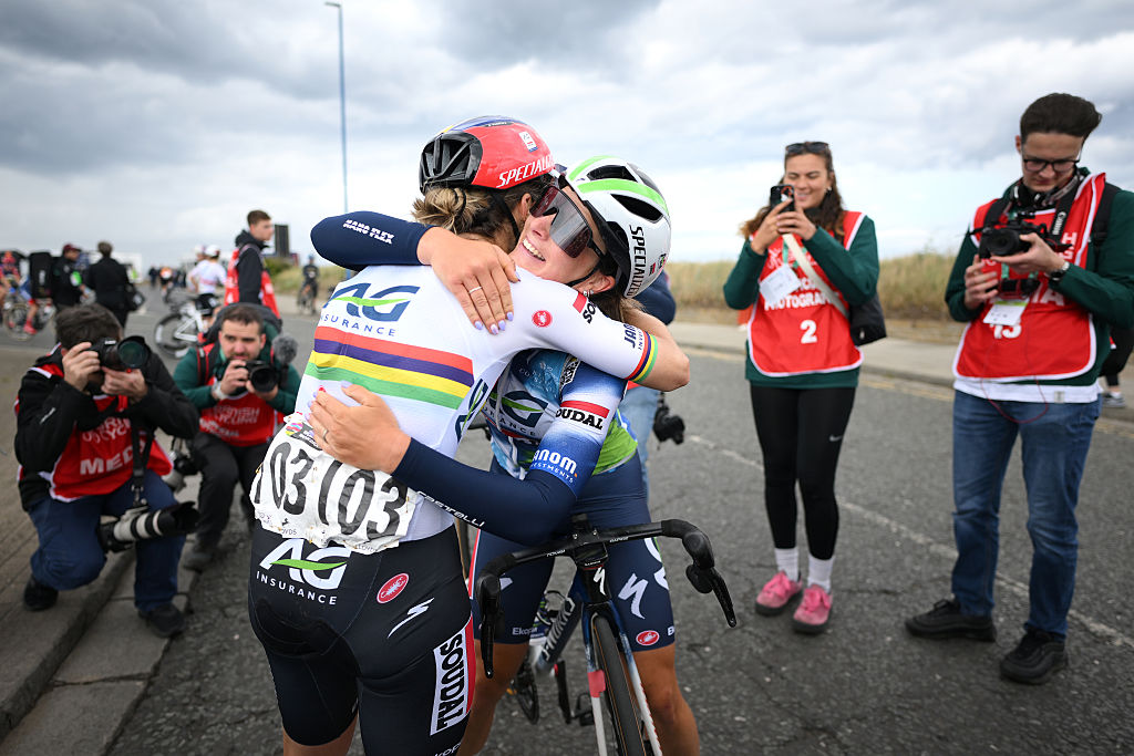 2025 Tour of Britain Women stage 1: Le Court celebrates the win with teammate Gladys Verhulst-Wild