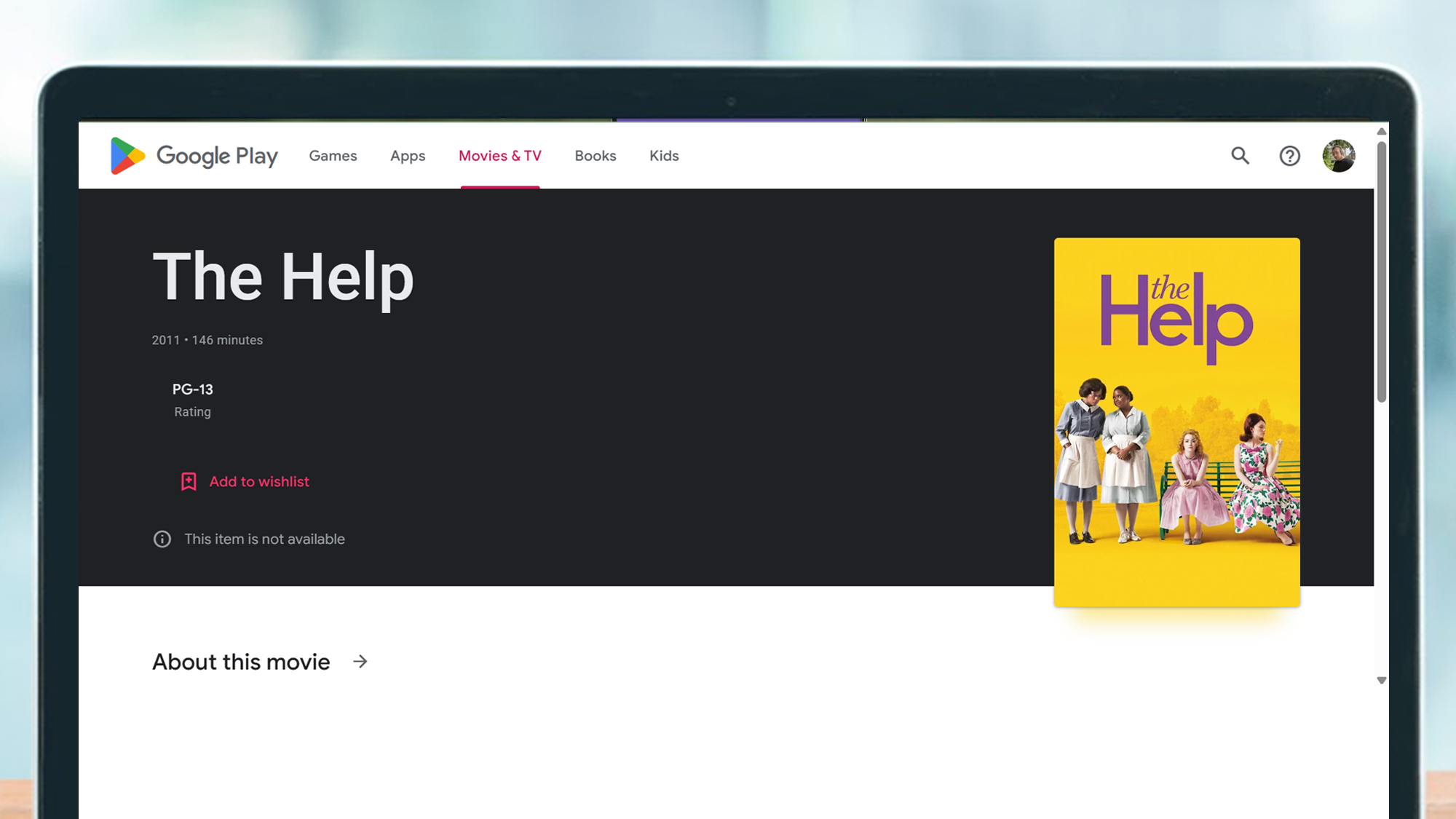 A screenshot of the Google Play store showing the movie The Help