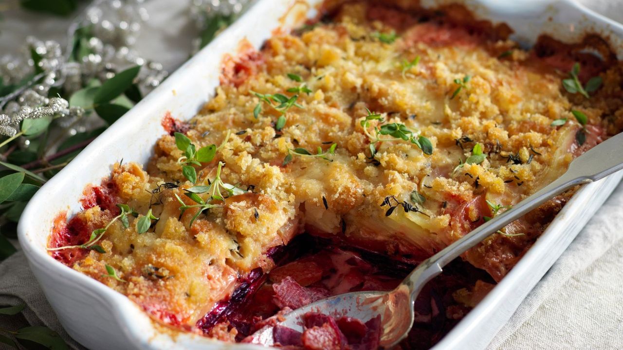 Beet, potato and taleggio gratin