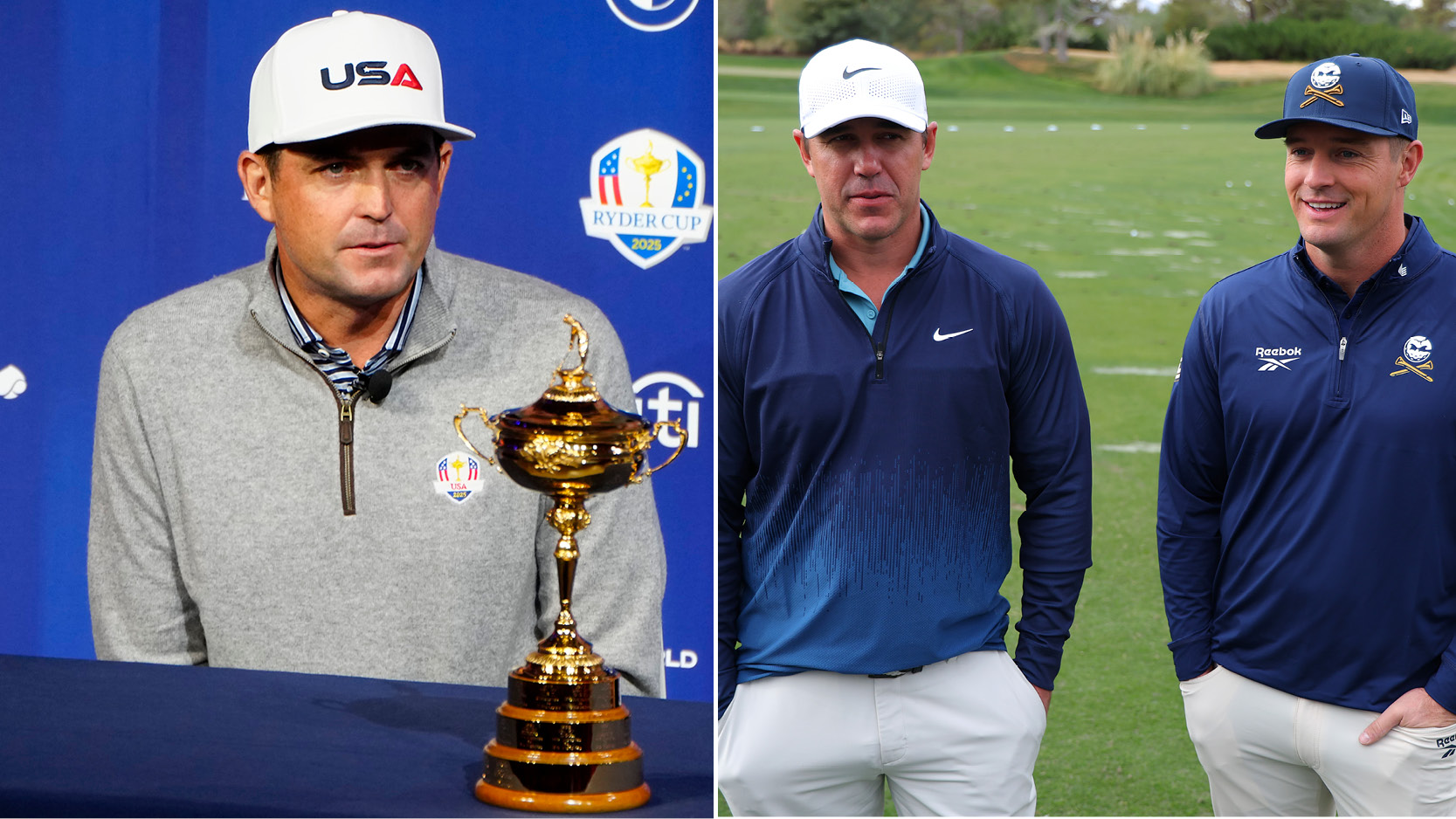 Keegan Bradley sits next to the Ryder Cup, Brooks Koepka and Bryson DeChambeau chat to media