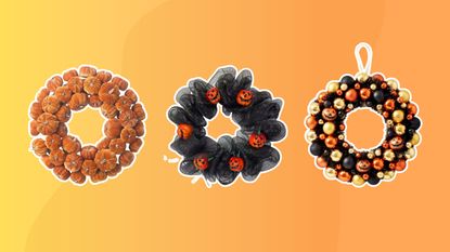 A trio of fall wreaths on orange ombre background