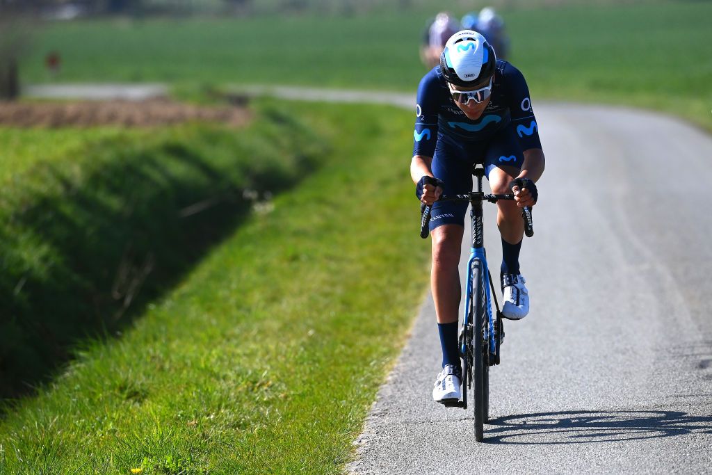 WEVELGEM BELGIUM MARCH 27 Johan Jacobs of Switzerland and Movistar Team competes in the breakaway during the 84th GentWevelgem in Flanders Fields 2022 Mens Elite a 2488km one day race from Ypres to Wevelgem GWE22 WorldTour on March 27 2022 in Wevelgem Belgium Photo by Tim de WaeleGetty Images