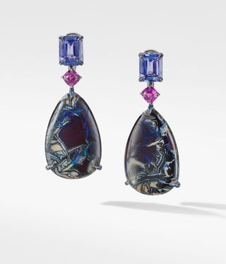 Blue opal dangly earrings with a pink stone