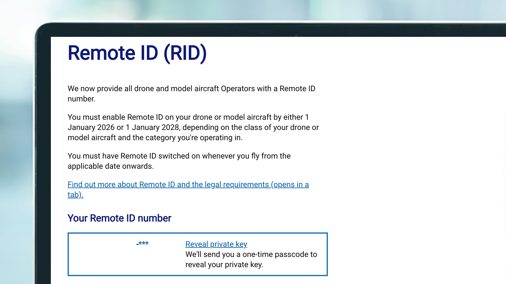 A laptop screen showing the Remote ID screen on the CAA website for drones