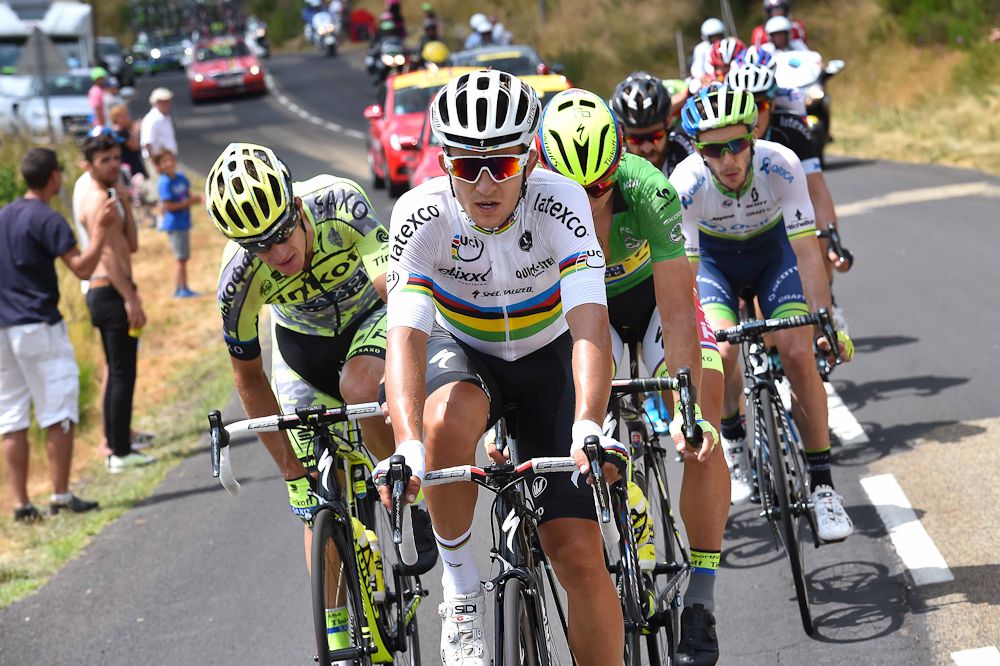 Michal Kwiatkowski rides in the breakaway during stage 15.