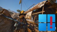 A character stands beside a rusty, weathered structure in a rocky outdoor setting, holding a firearm. A colorful Windows-like graphic with an exclamation mark appears in the corner.