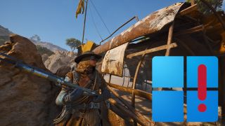 A character stands beside a rusty, weathered structure in a rocky outdoor setting, holding a firearm. A colorful Windows-like graphic with an exclamation mark appears in the corner.