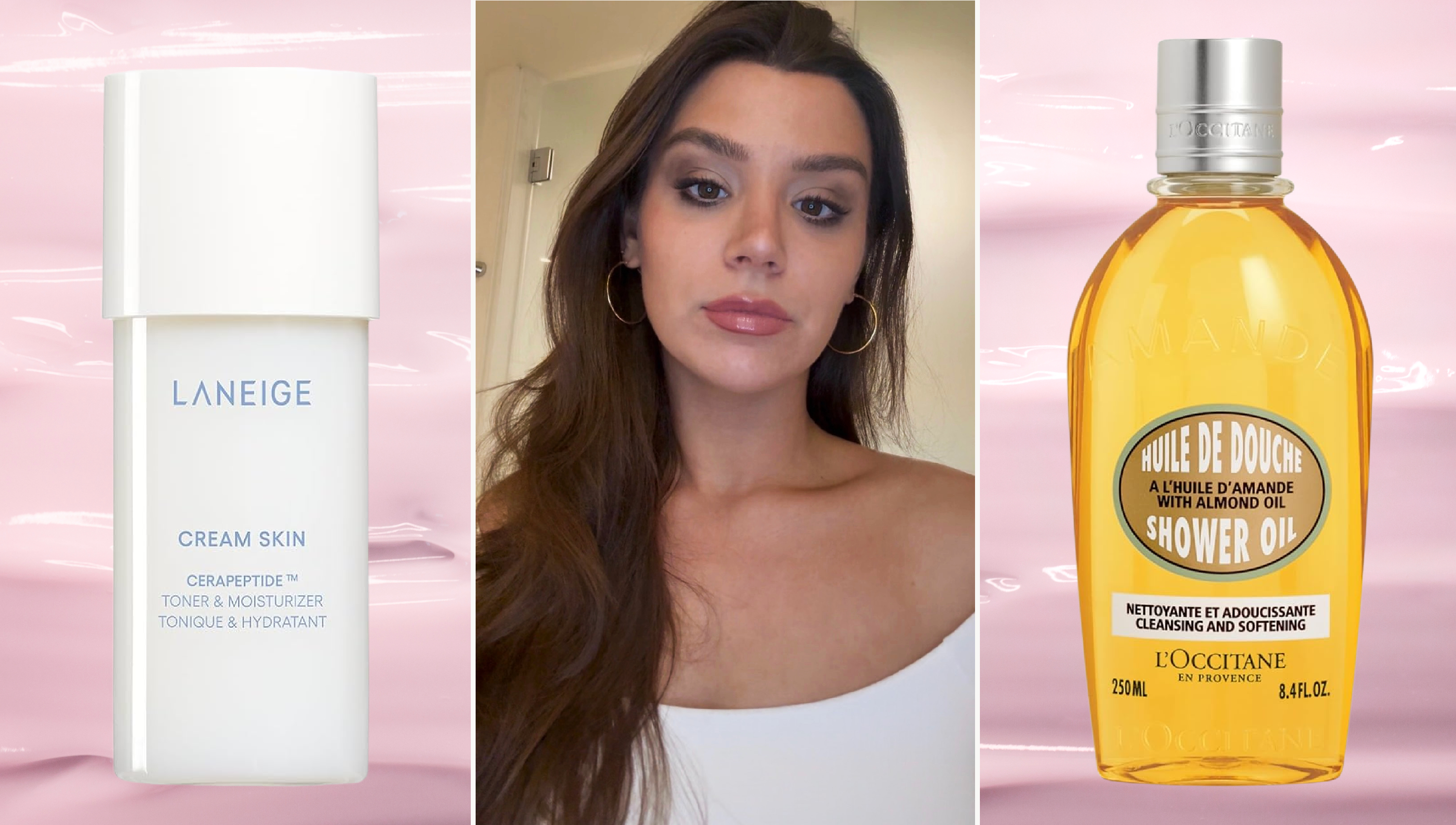a girl with long brown hair and a white top framed over a pink cream skincare background with two skincare products to the left and right