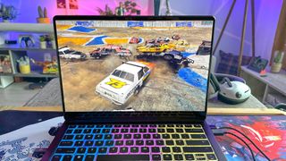 HP Omen Transcend 14 gaming laptop playing Wreckfest