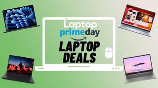 Prime Day laptop deals badge surrounded by MacBook, Lenovo, Dell, and HP Chromebok laptops against green gradient background