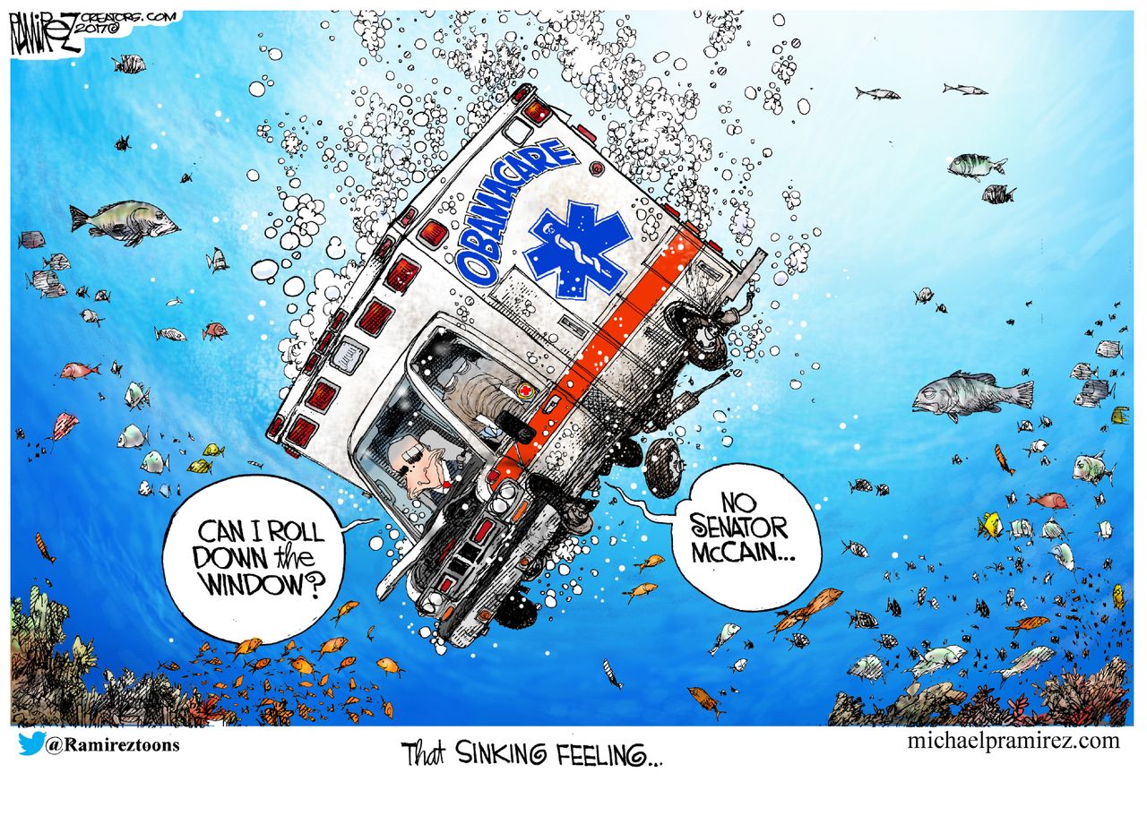 Political cartoon U.S. McCain Republicans Obamacare repeal fail sinking