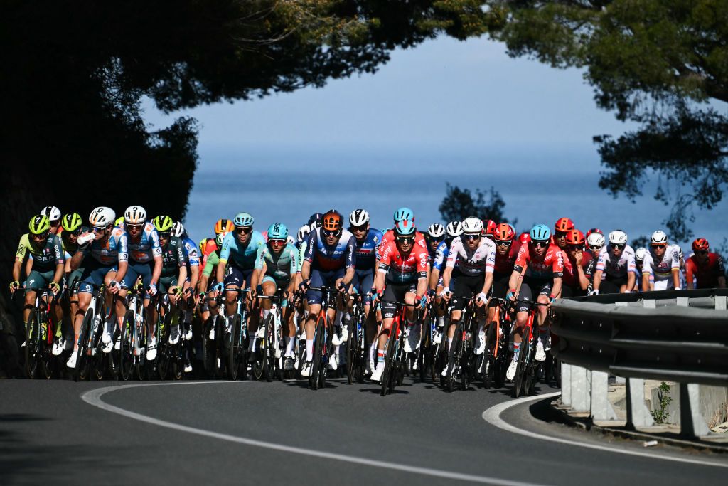 The pack ride during the 115th Milan-SanRemo one-day classic cycling race, between Pavia and SanRemo, on March 16, 2024. (Photo by Marco BERTORELLO / AFP)