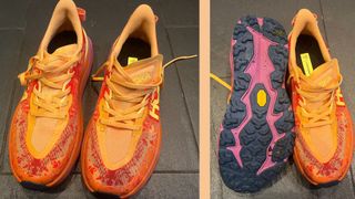 Front and underside profile of Susan Griffin testing the Hoka Speedgoat 6 walking shoes sitting on tile kitchen floor