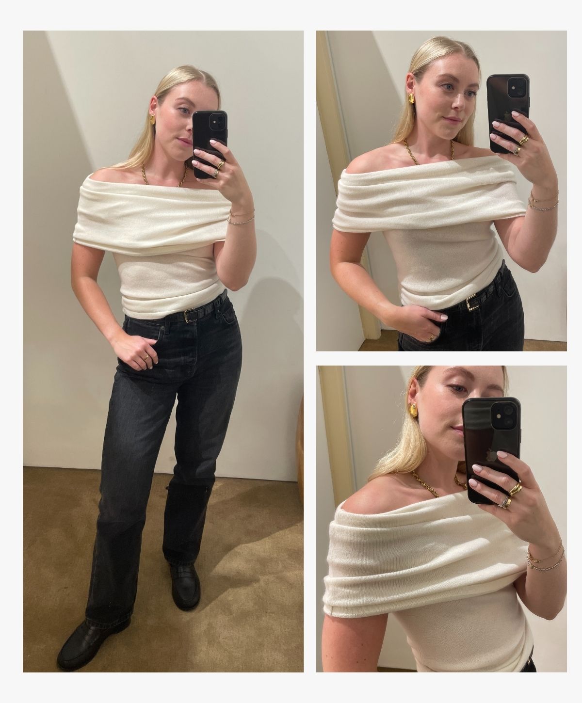 Woman wears draped cashmere top, black jeans and black loafers