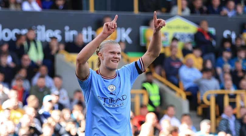 Erling Haaland celebrates scoring for Manchester City against Wolves.